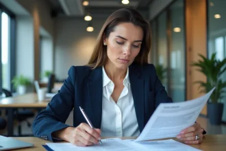 Femme professionnelle révisant un contrat LOA à son bureau avec un stylo, documents et ordinateur portable