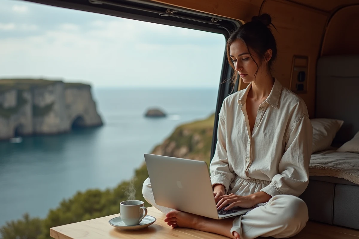 Femme travaillant sur un ordinateur portable à l'intérieur d'un fourgon aménagé garé face à la mer