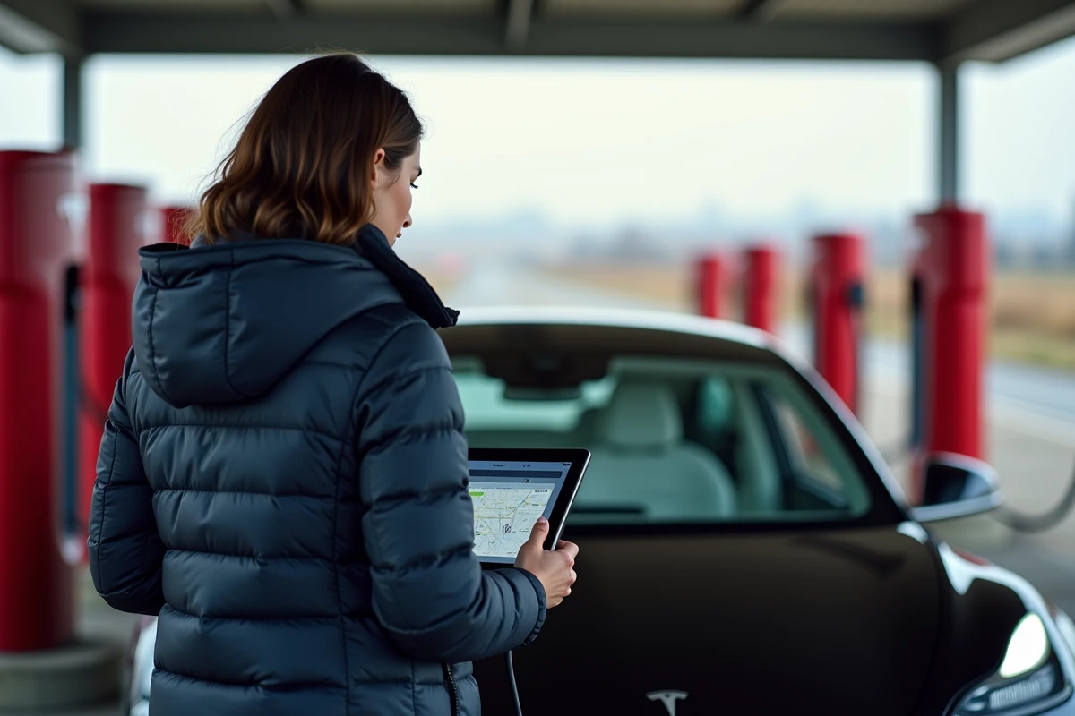 Femme devant une Tesla à une station Supercharger d'autoroute consultant l'écran du réseau