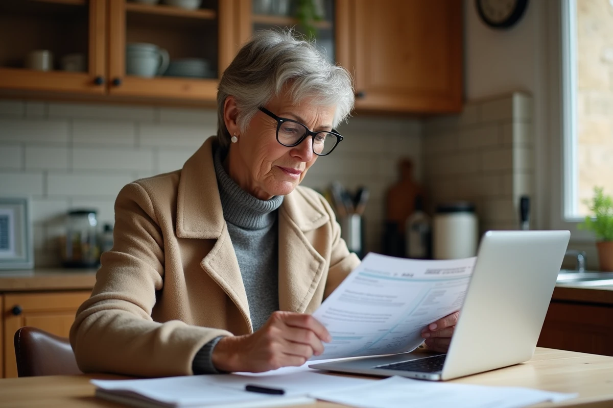 Femme vérifiant le changement de carte grise d'un véhicule en comparant le document papier avec un site officiel en ligne