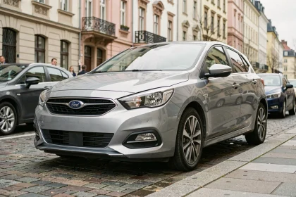 Voiture compacte diesel moderne garée en milieu urbain, illustrant la fiabilité du moteur 1.5 BlueHDi 130 avec boîte automatique EAT8