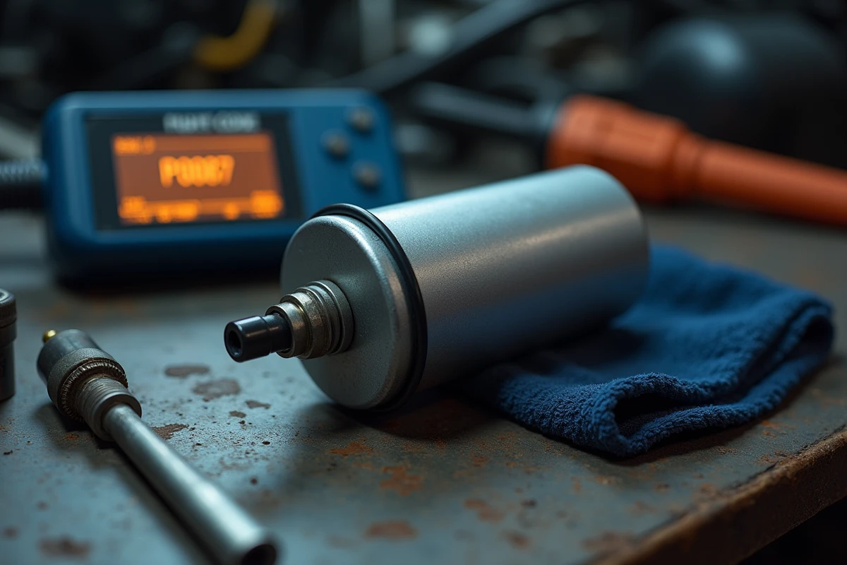 Filtre à gasoil Peugeot démonté posé sur un établi avec scanner OBD affichant le code erreur P0087