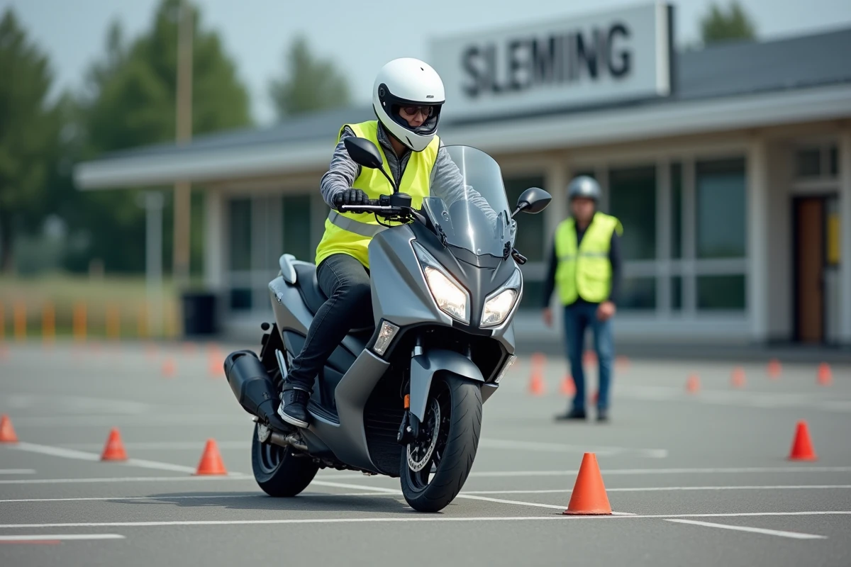 Femme en formation moto sur un Yamaha T-Max 560 dans un centre d'examen du permis