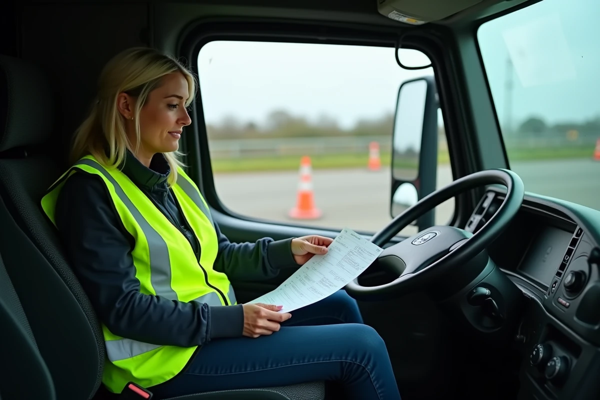 Instructrice et stagiaire en formation permis C à l'intérieur d'un camion poids lourd lors d'une session pratique sur un circuit de conduite professionnelle