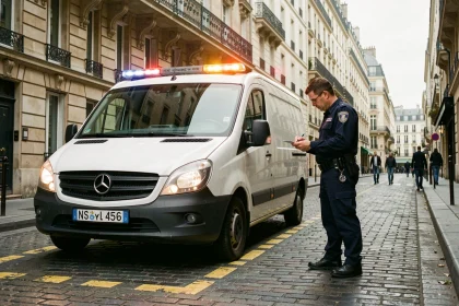 Fourgon de livraison garé sur une place pointillée jaune à Paris avec un agent verbalisateur rédigeant une contravention