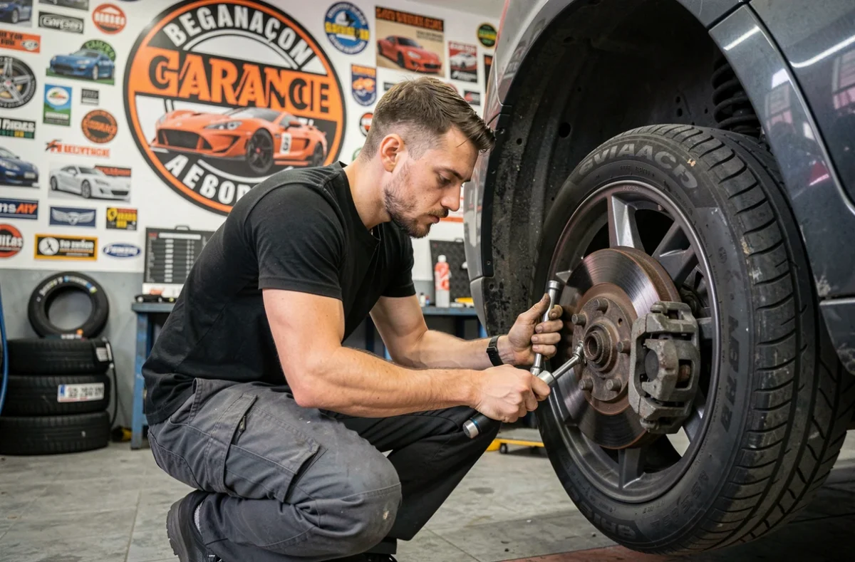 Jeune mécanicien indépendant du Garage Car Crush à Besançon travaillant sur les freins d'un véhicule surélevé
