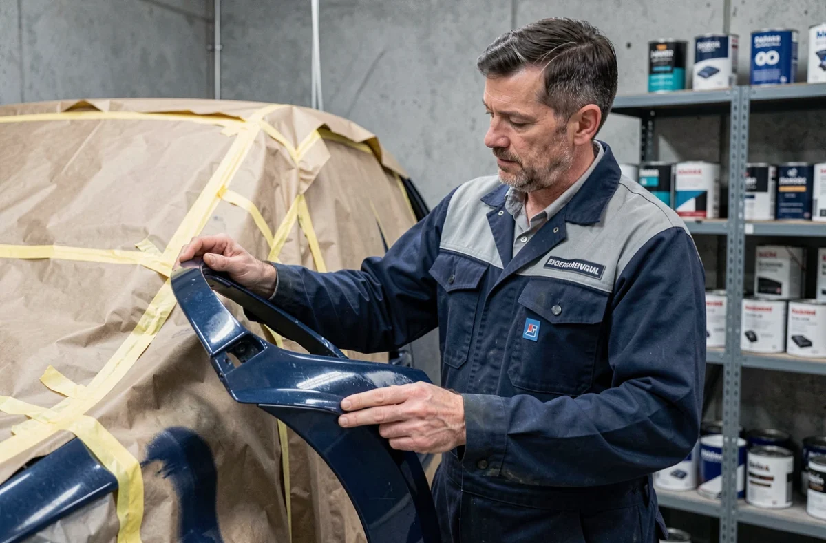 Spécialiste mécanique et carrosserie du Garage Marcand à Besançon inspectant un panneau de carrosserie réparé