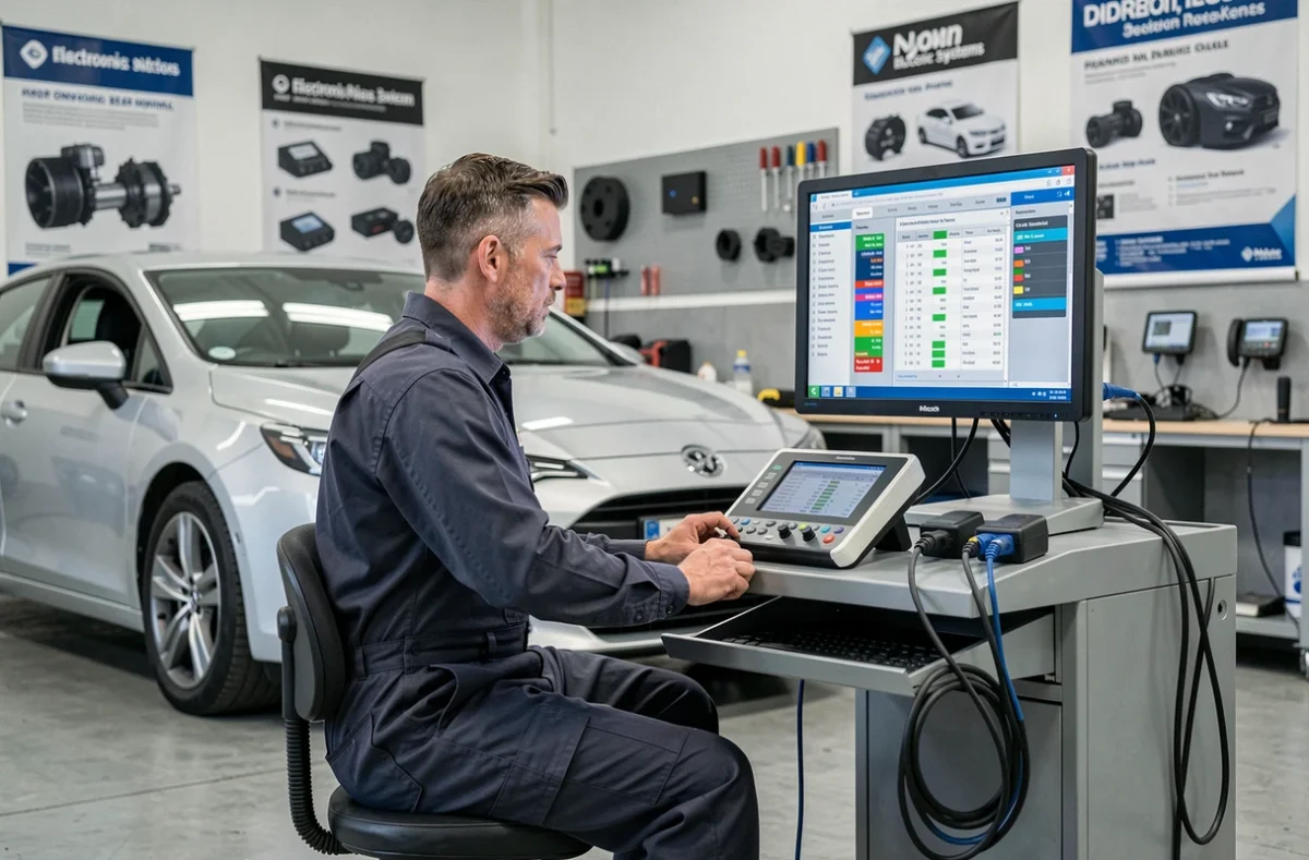 Technicien du Garage Stica à Dijon réalisant un diagnostic électronique sur un véhicule connecté