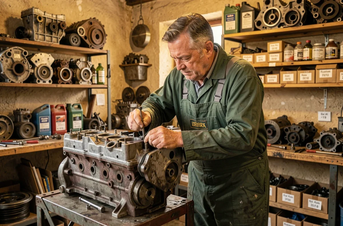 Mécanicien expérimenté de l'EURL Garage Tavoillot Pascal à Marnay travaillant sur un moteur démonté
