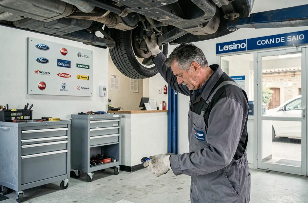 Mécanicien du garage multimarque Geoffroy Auto à Cuisery inspectant une voiture sur pont élévateur