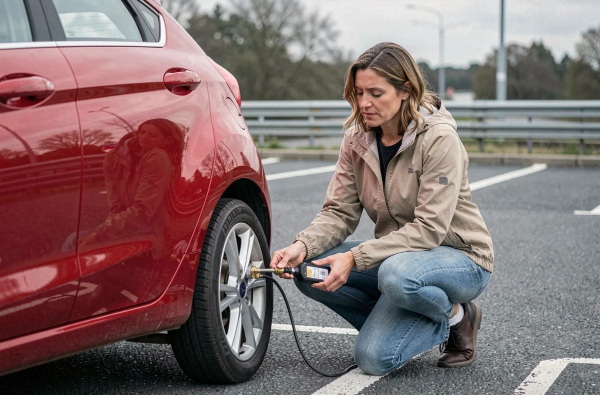 Femme gonflant un pneu de Ford Fiesta avec un compresseur portable sur une aire d'autoroute