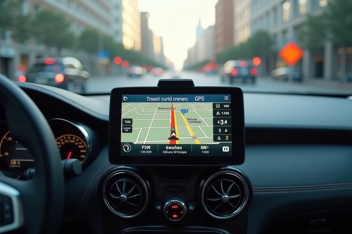GPS de voiture affichant une carte de navigation en ville pour illustrer l'amélioration de la précision de localisation
