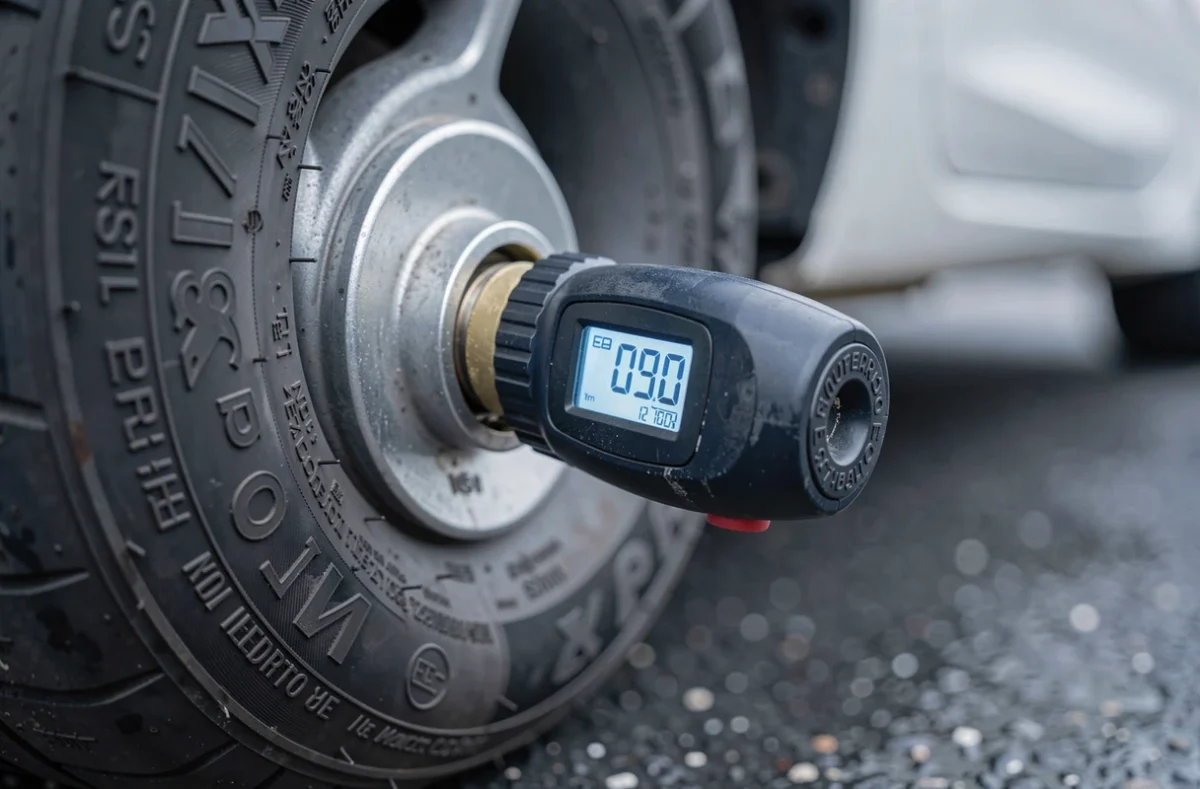 Gros plan sur un manomètre numérique fixé sur la valve d'un pneu de Ford Fiesta avec la pression affichée