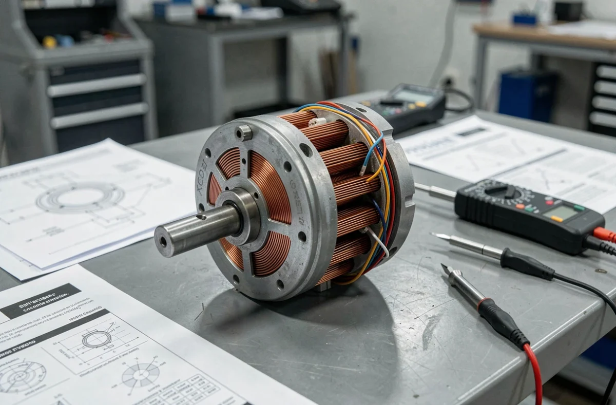 Gros plan sur un moteur PF électrique démonté sur un établi de laboratoire automobile avec outils de diagnostic