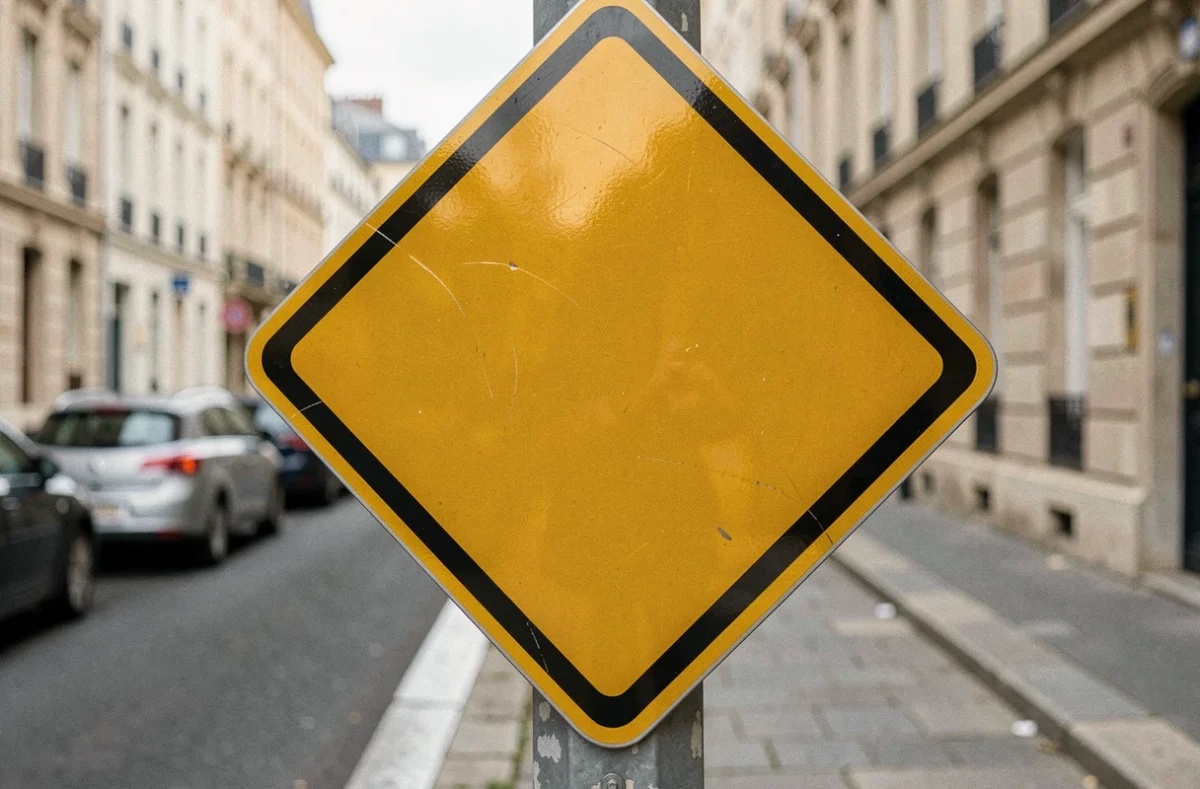 Gros plan sur un panneau losange jaune de signalisation routière en milieu urbain avec détails de surface réalistes
