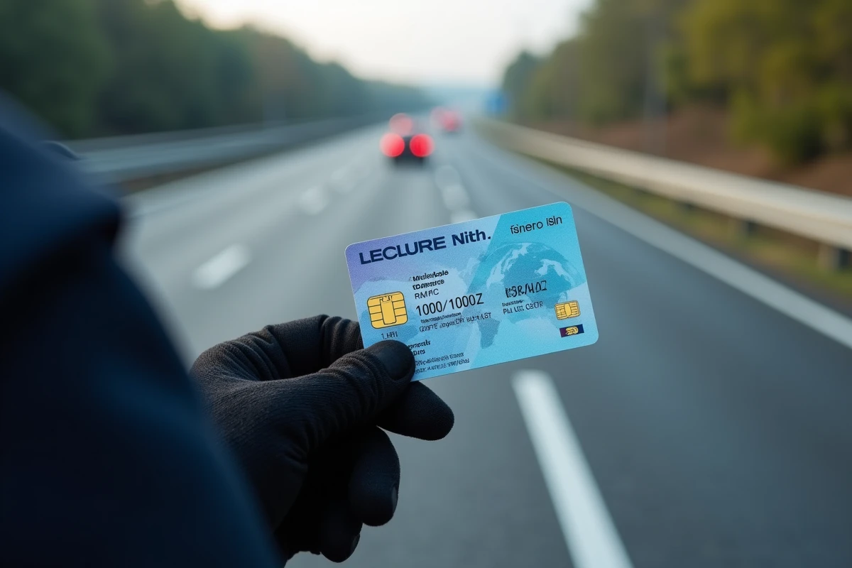 Gros plan sur un permis de conduire français tenu par un policier ganté lors d'un contrôle sur autoroute