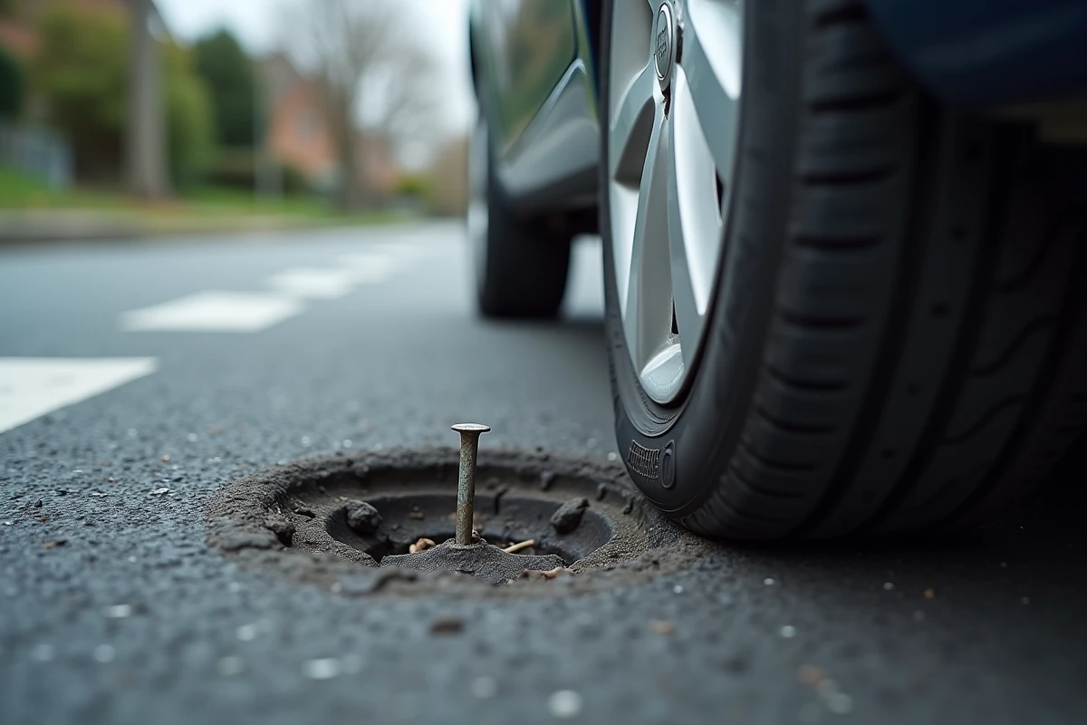 Gros plan sur un pneu crevé avec un clou visible dans la bande de roulement