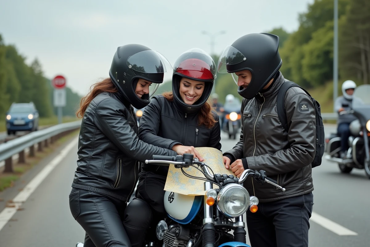 Groupe de motards consultant une carte papier sur un réservoir lors d'une pause sur une aire d'autoroute