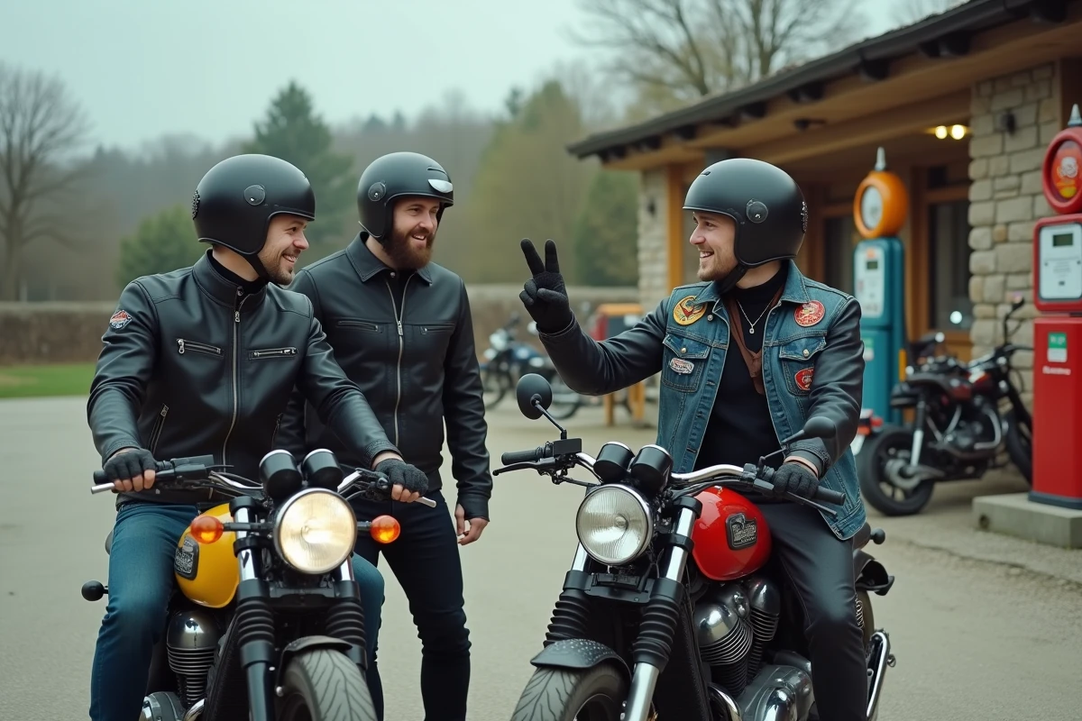 Groupe de motards discutant du signe de salutation entre motards dans une aire de repos
