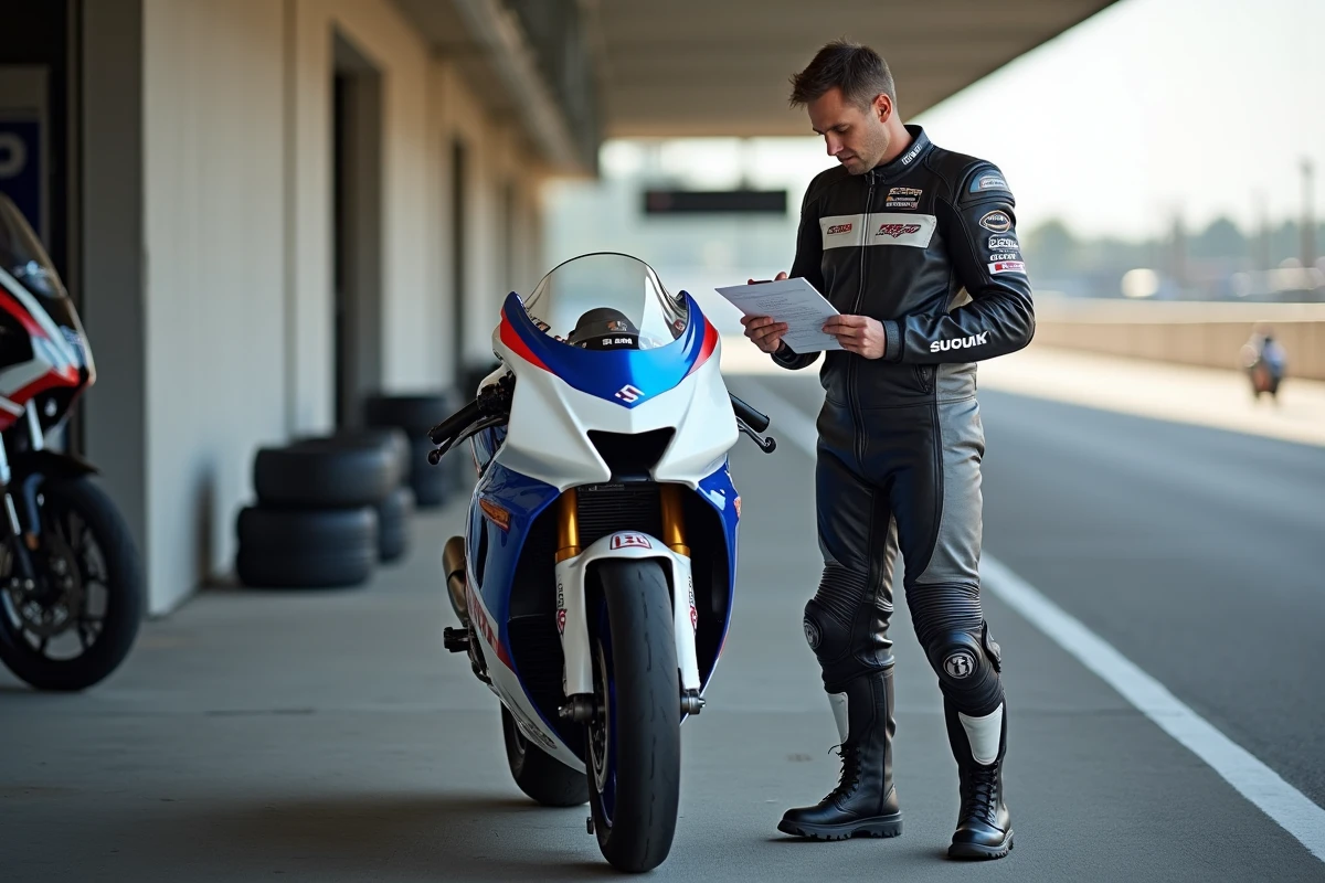 Pilote en combinaison de course debout à côté d'une GSXR 1100 de 1992 préparée pour la piste dans une voie des stands