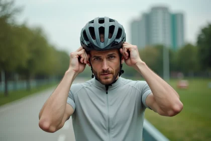 Homme ajustant son casque de vélo bien ajusté sur une piste cyclable urbaine