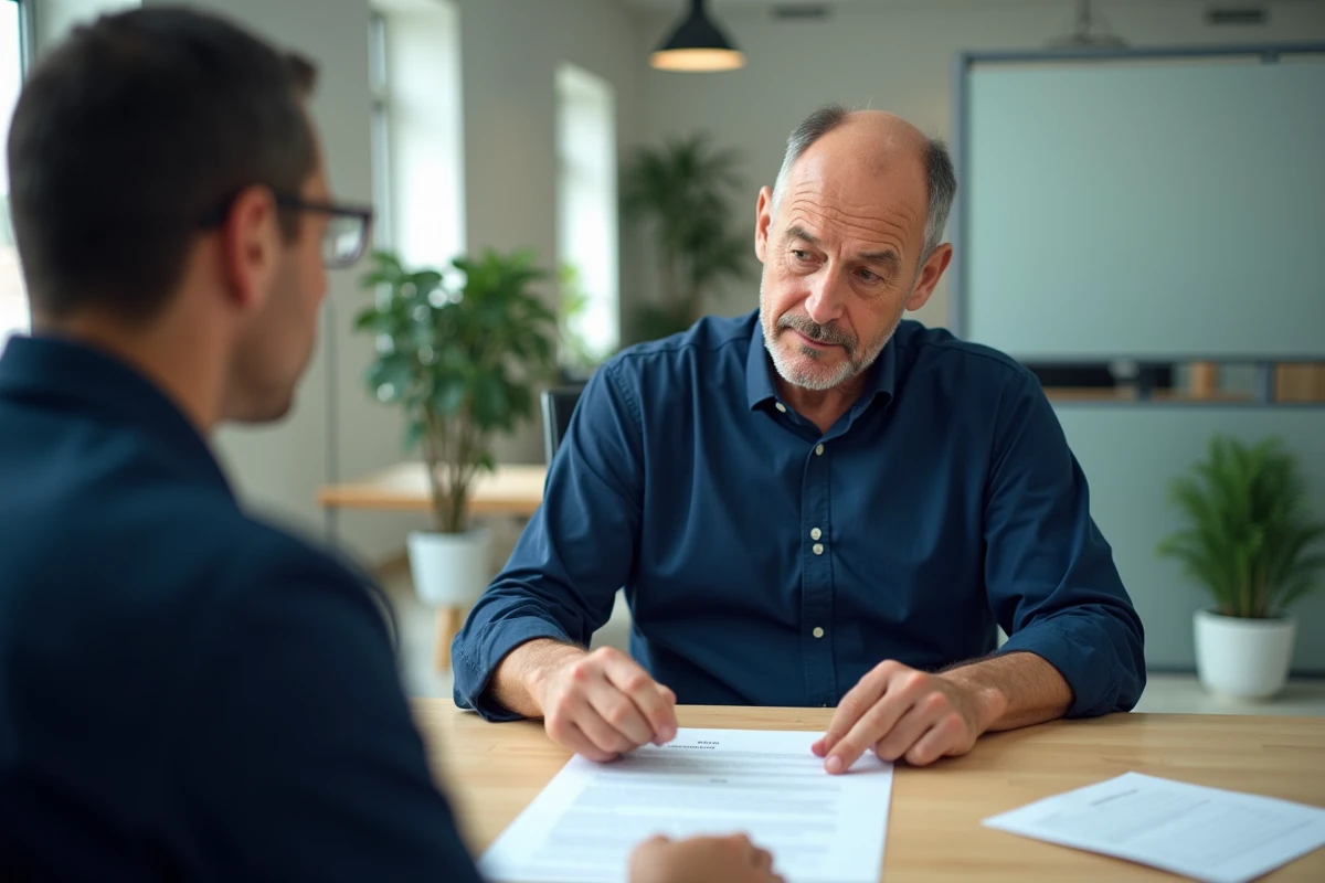 Homme discutant d'un contrat d'assurance auto obligatoire avec un conseiller en agence