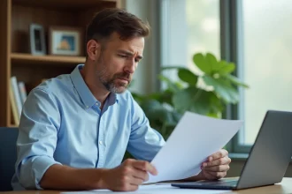 Homme de 40 ans consultant des documents officiels sur la récupération de points de permis de conduire dans un bureau à domicile