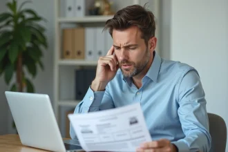 Homme consultant des documents de carte grise liés au malus automobile à son bureau à domicile