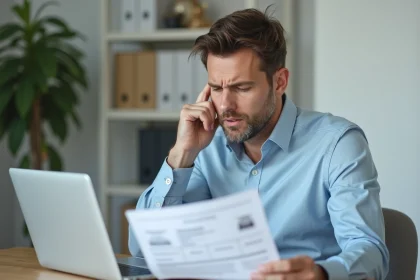 Homme consultant des documents de carte grise liés au malus automobile à son bureau à domicile