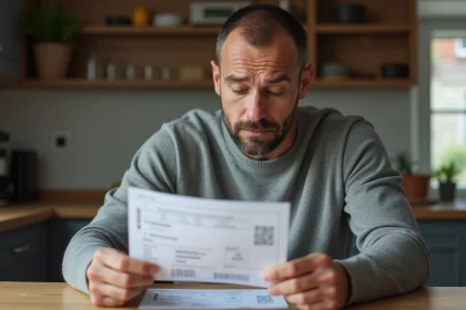Un homme examine attentivement une carte grise française posée sur une table en bois, illustrant la question du changement d'adresse sur le certificat d'immatriculation