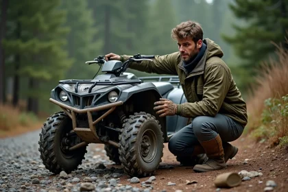 Homme en veste de randonnée inspectant son quad tout-terrain garé sur un sentier de gravier en forêt de pins