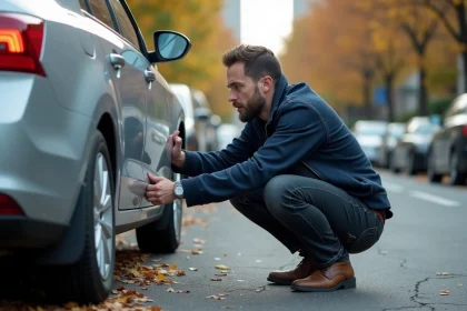 Homme examinant un pneu crevé sur sa voiture garée en bord de route en ville