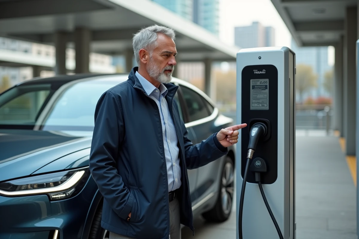 Homme chargeant une voiture électrique à grande autonomie dans une station de recharge rapide en ville