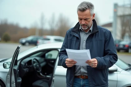 Homme examinant une carte grise de voiture dans un parking pour vérifier le changement de propriétaire