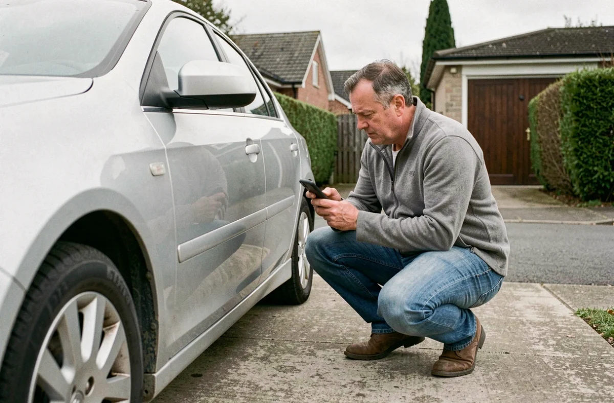 Homme photographiant le numéro d'identification de son véhicule avec un smartphone pour une démarche administrative automobile