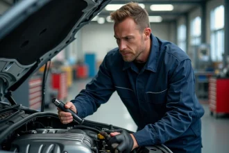 Ingénieur automobile inspectant le couple moteur d'un moteur à combustion dans un atelier mécanique professionnel