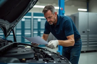 Ingénieur automobile analysant les caractéristiques moteur d'une berline moderne dans un atelier professionnel