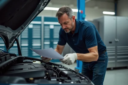 Ingénieur automobile analysant les caractéristiques moteur d'une berline moderne dans un atelier professionnel