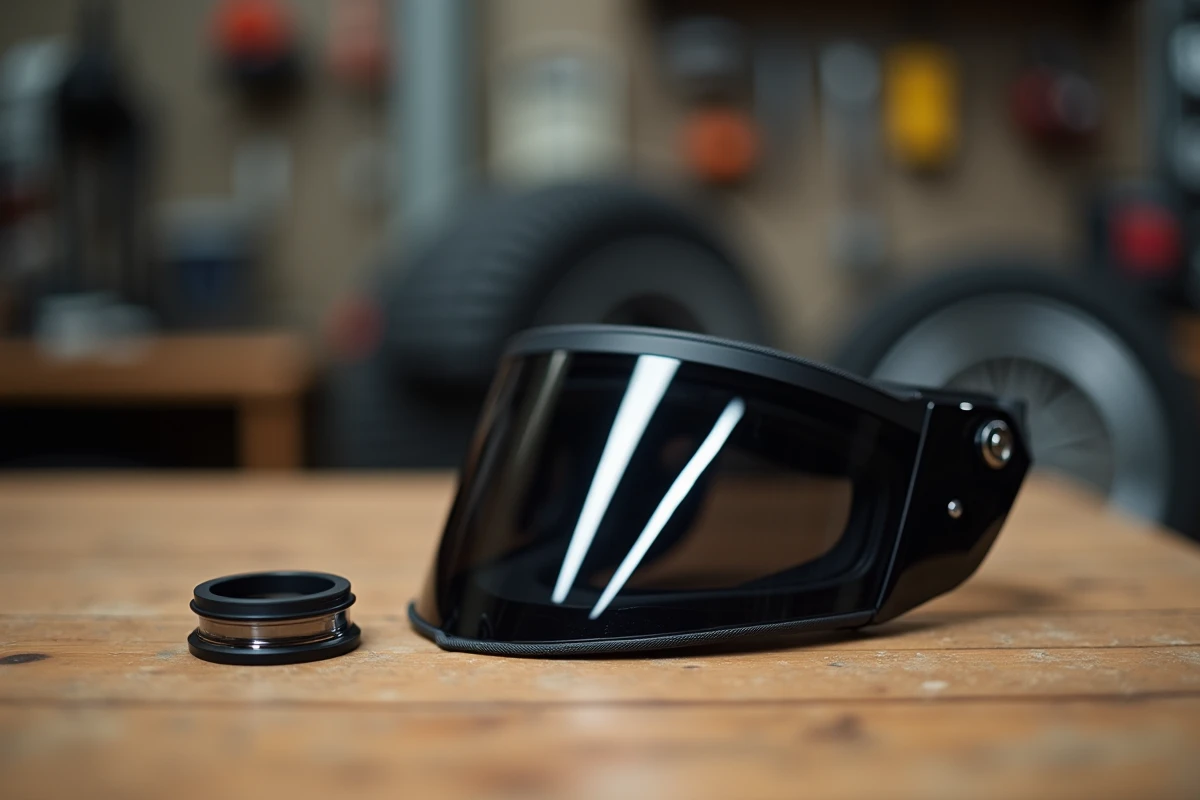 Gros plan d'un insert pinlock anti-buée démonté posé à côté d'une visière de casque moto sur un établi en bois d'atelier