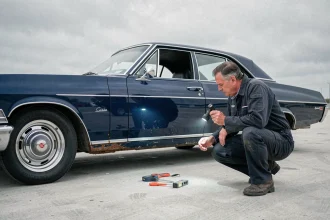 Mécanicien inspectant la carrosserie rouillée d'une Chevrolet Impala 4 portes de 1967 avant achat