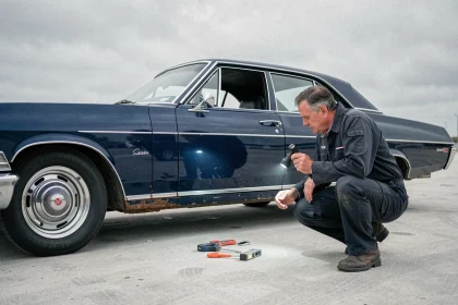 Mécanicien inspectant la carrosserie rouillée d'une Chevrolet Impala 4 portes de 1967 avant achat
