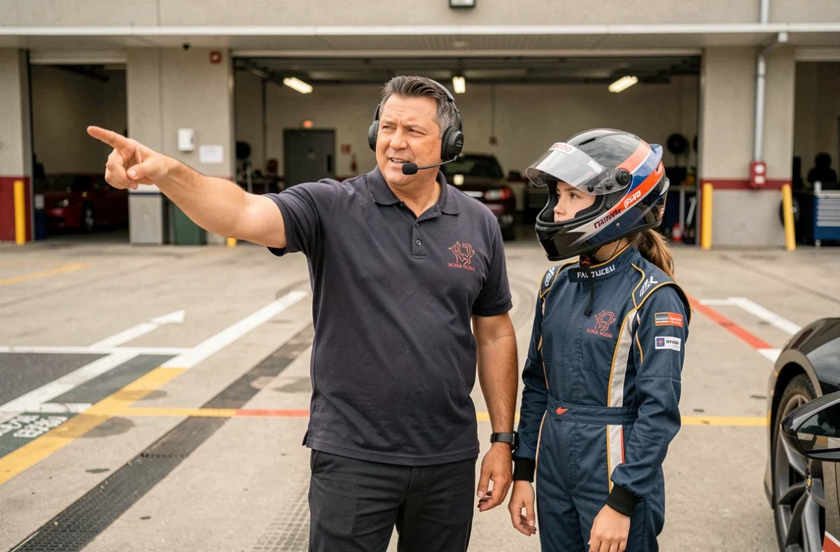 Instructeur de stage de pilotage expliquant la trajectoire idéale à un élève dans la voie des stands sur circuit