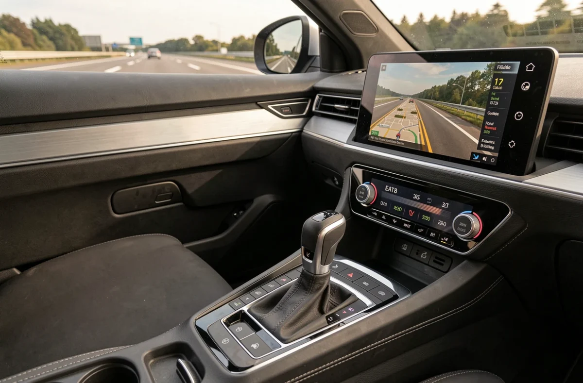 Intérieur de voiture moderne avec sélecteur de boîte automatique EAT8 et tableau de bord numérique, illustrant le confort de conduite du 1.5 BlueHDi 130