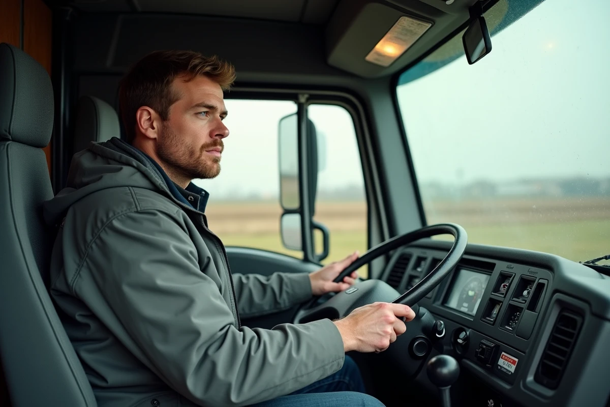 Intérieur de cabine d'un camion 3,5 tonnes avec chauffeur au volant