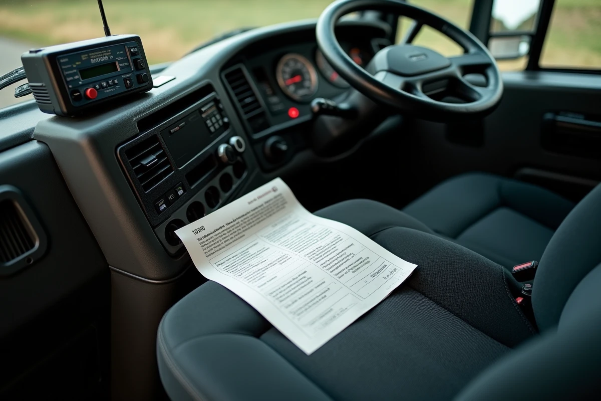 Intérieur de cabine de camion avec tachygraphe et document de permis de transport visible sur le siège passager, en lien avec la réglementation du permis C
