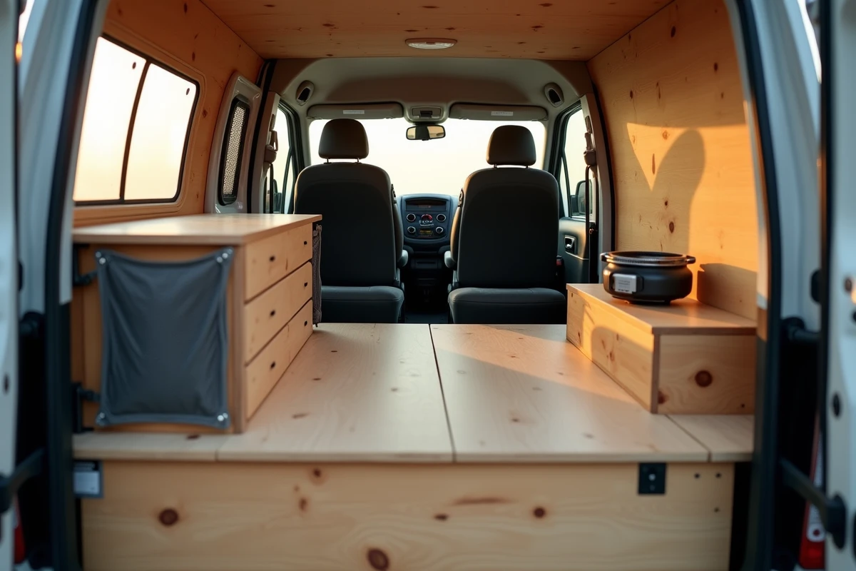 Intérieur aménagé d'un Dacia Sandman converti en fourgon camping-car économique avec couchette et cuisine compacte