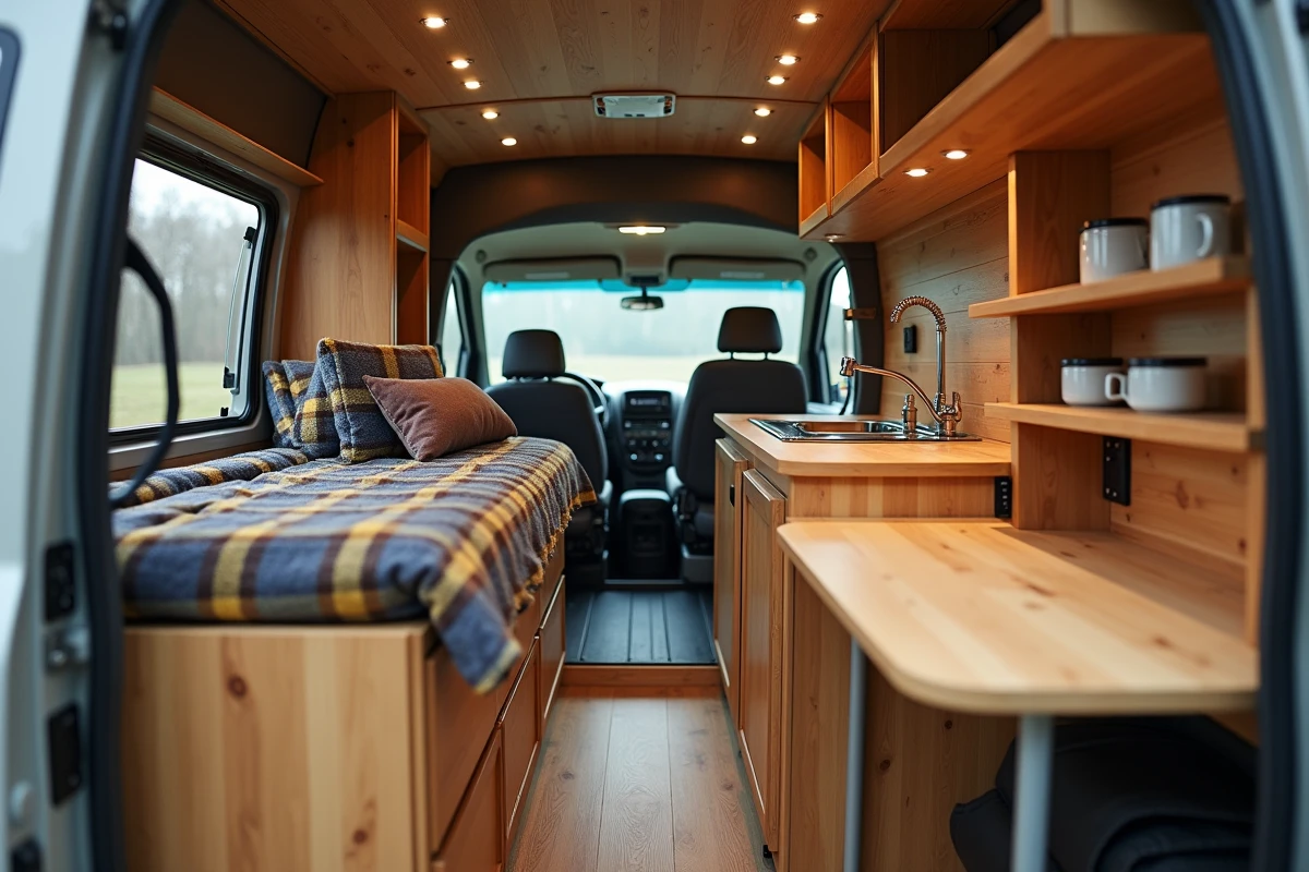 Intérieur aménagé d'un fourgon pour deux personnes avec lit, cuisine compacte et rangements en bois