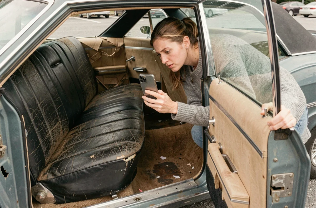 Intérieur vieilli d'une Chevrolet Impala 4 portes 1967 avec sièges en vinyle craquelé inspectés par une acheteuse
