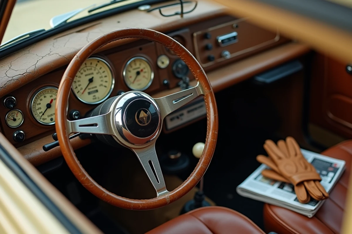 Intérieur vintage d'une Mini Cooper avec tableau de bord d'époque et détails authentiques, signe d'une voiture de collection précieuse