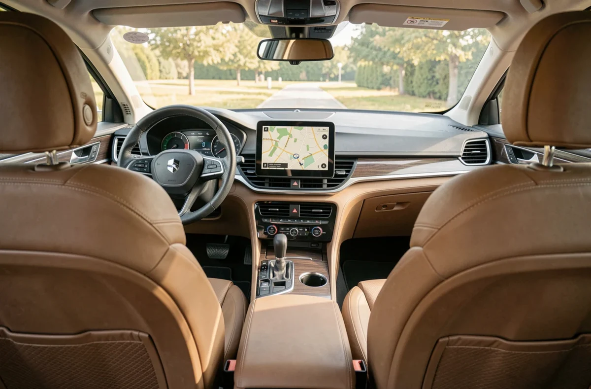 Intérieur spacieux d'un SUV familial européen avec tableau de bord moderne, écran tactile et sièges en cuir cousu